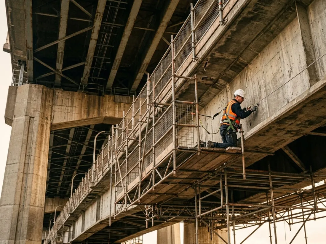 Hängegerüst für Instandsetzungsarbeiten an einer Brücke