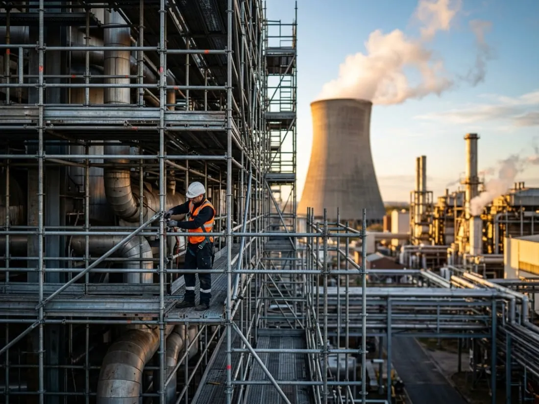 Großflächiges Arbeitsgerüst an einem Kraftwerk